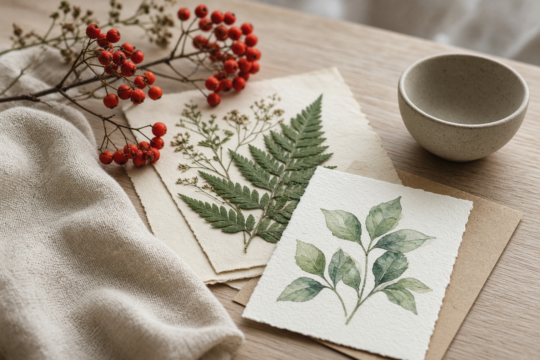 Dried rowan berries, pressed botanicals, linen, and a stoneware bowl on a craft table
