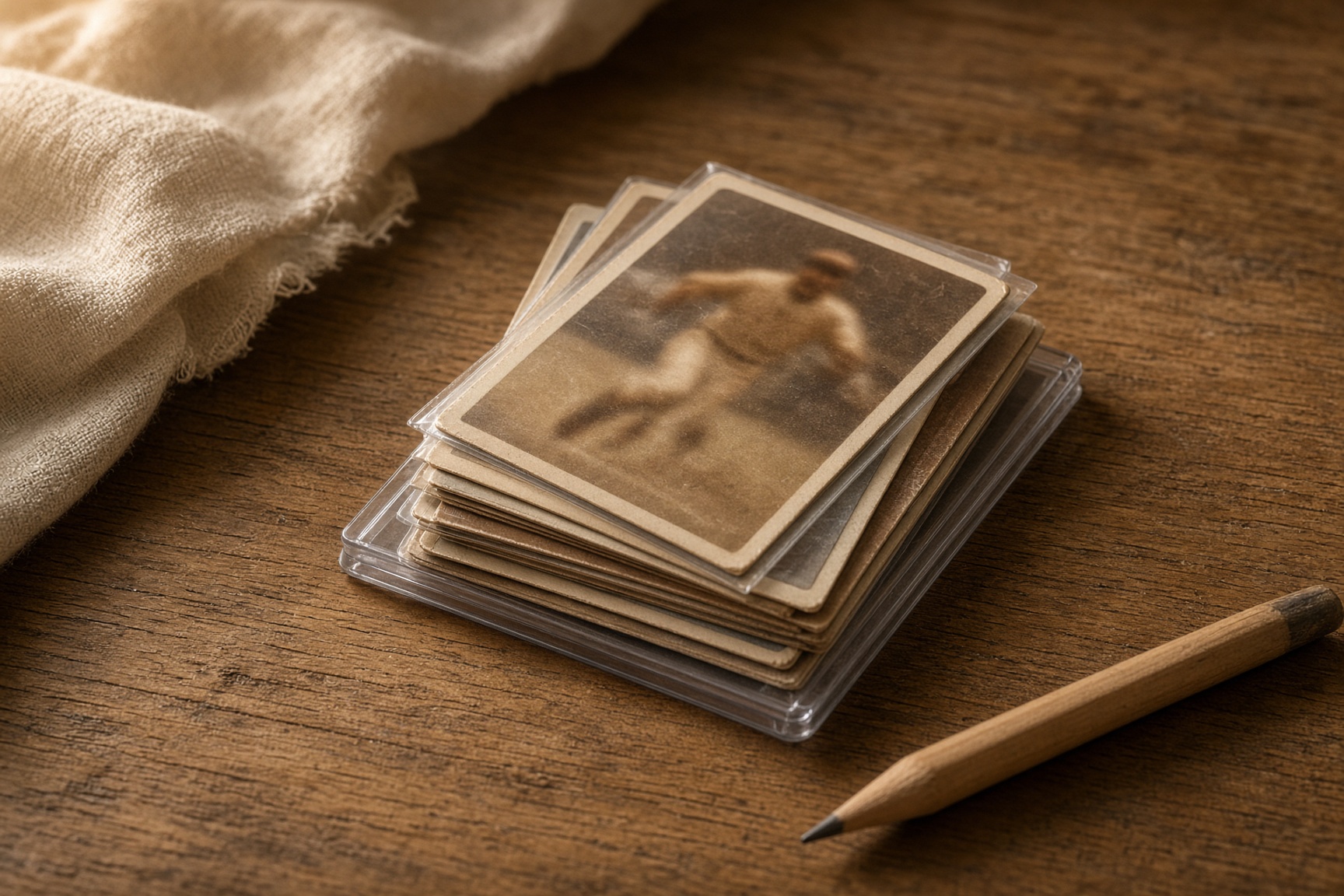 Vintage sports trading cards in sleeves and toploaders on a worn oak table